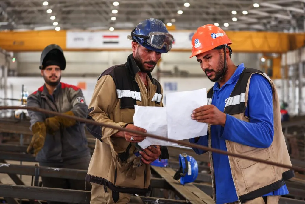 Workers produce elements of the El Dabaa reactor building’s internal containment shell in Egypt’s Matrouh region on Nov. 18, 2025.