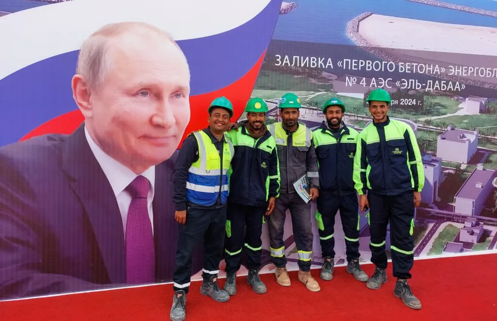 Construction workers at El Dabaa during a ceremony for pouring concrete for Power Unit 4, Jan. 23, 2024.