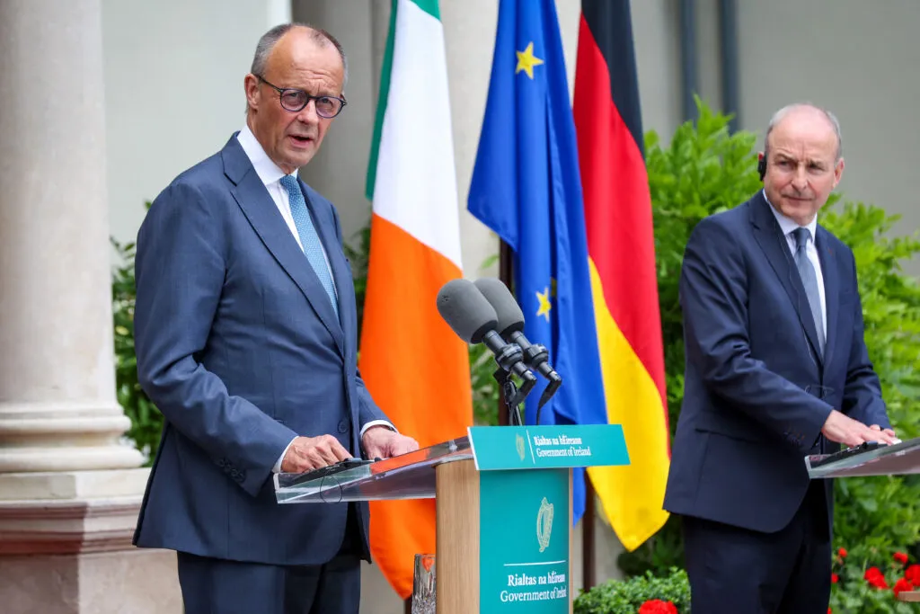 Friedrich Merz and Micheál Martin during a press conference in Dublin on July 28, 2026.