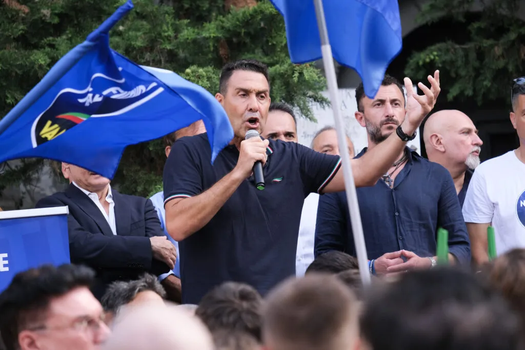Roberto Vannacci sings the national anthem during a rally in Genoa, Italy on July 11, 2026. | Emanuela Zampa/Getty Images