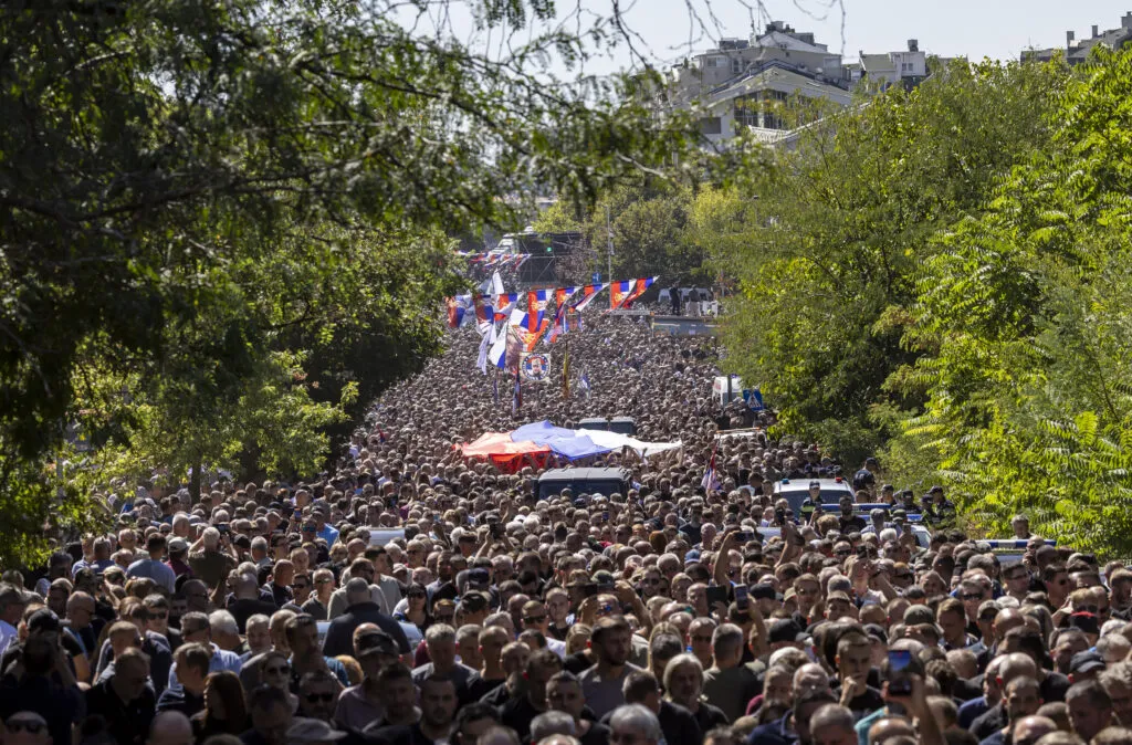 People gather for Mladić’s funeral procession in Belgrade on Sept. 7, 2026.
